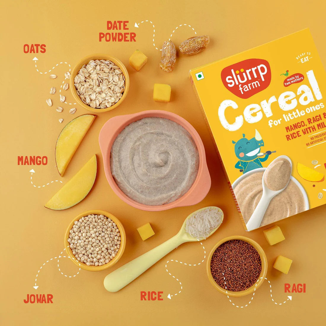 Cereal | Mango, Ragi and Rice Cereal With Milk - No Added Preservatives, No Artificial Colours & No Added Sugar - Slurrp Farm - 200gm