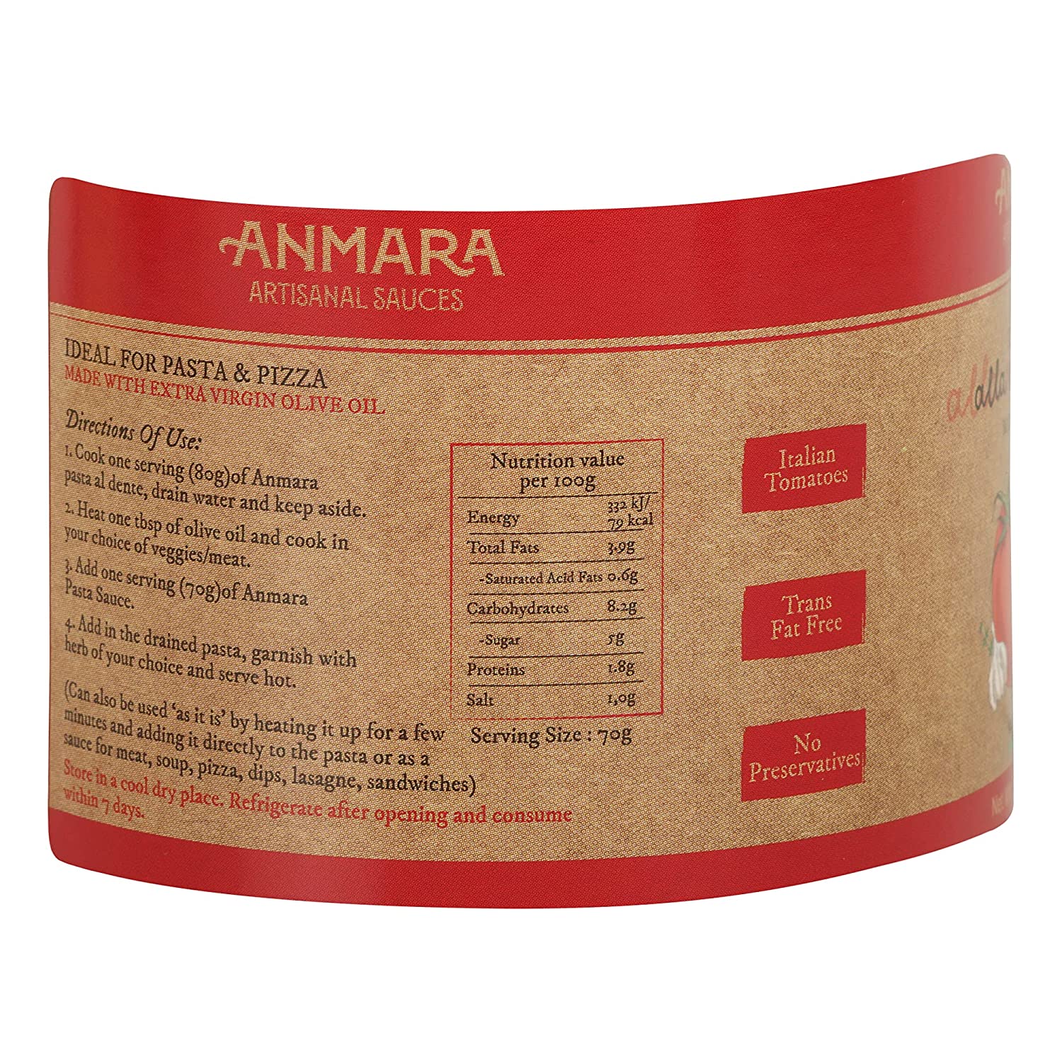 Marinara Sauce – Natural - Italy - Gluten Free, No Added Sugar & Fat Free - Anmara – 280gm