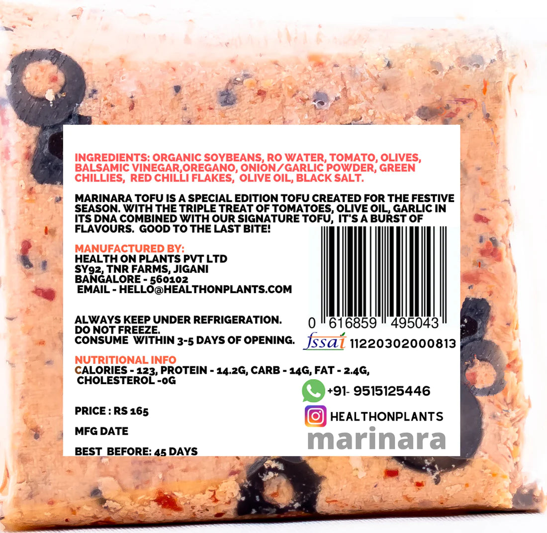 Marinara Tofu | Handcrafted - 38gm Protein – Vegan & Keto Friendly - Health on Plants – 200gm