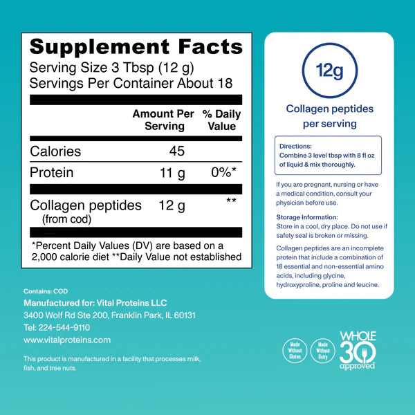 Collagen | Marine Collagen (Unflavored) 12g Collagen Peptides Per Serving - Wild Caught - For Skin, Hair, Nail + Joint Support - Gluten Free, Dairy Free & Paleo Friendly - Vital Proteins - 221gm