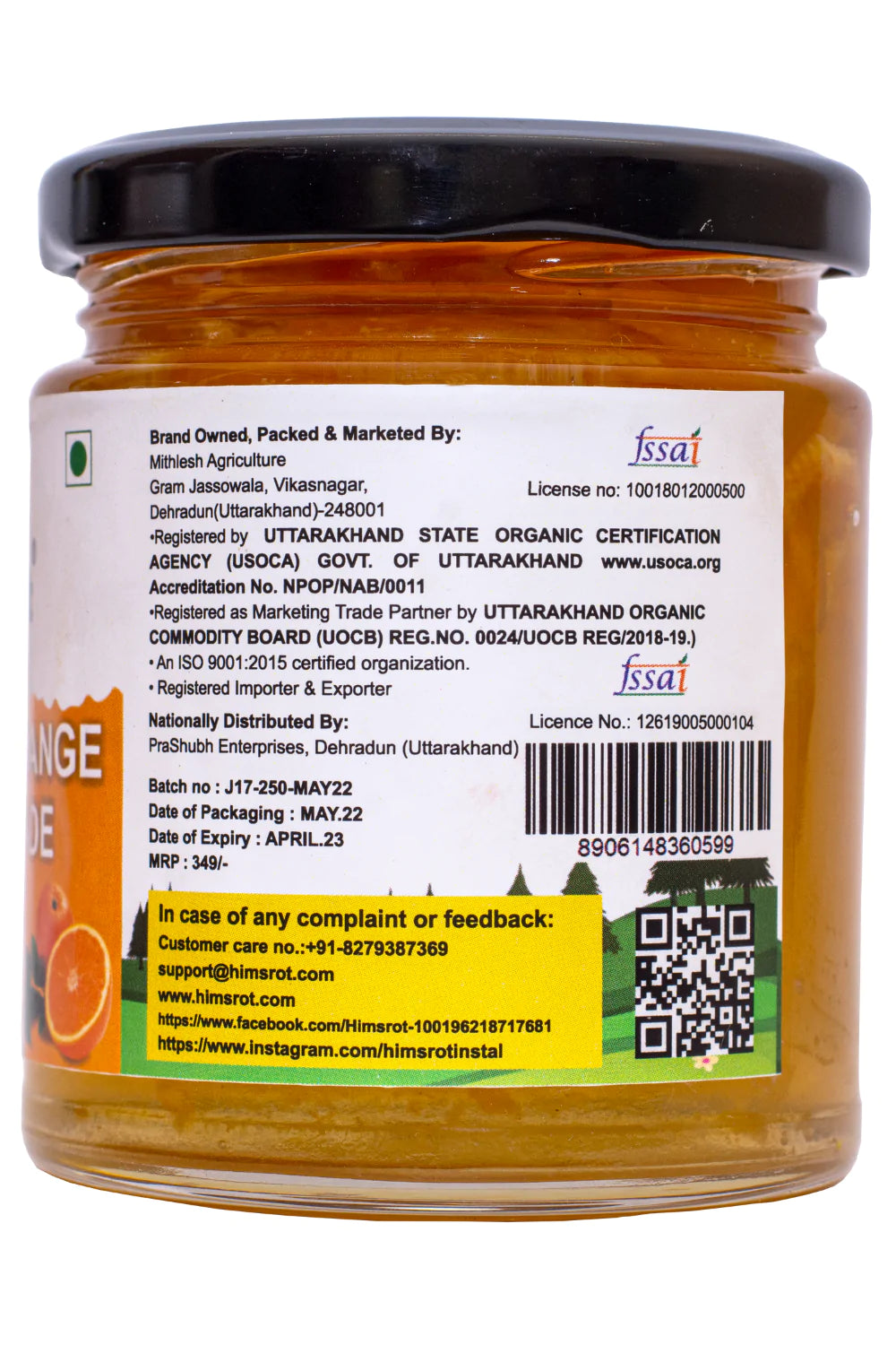 Orange Marmalade | (Made 100% Real Fruit Pulp) - Organic - No Preservatives, Colors, Artificial Flavors, Rich In Vitamins, Immunity Booster & Low In Fat – Himsrot – 350gm