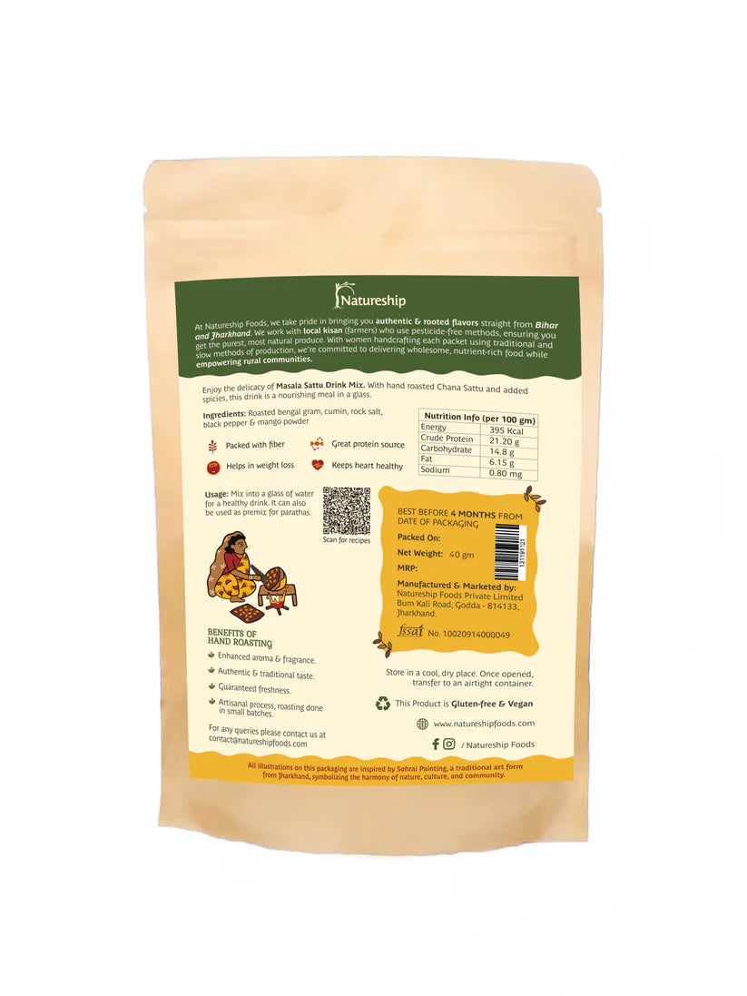 Sattu Drink Mix | Masala Sattu Drink Mix - Hand Roasted & Stone Ground Chana Sattu – Gluten Free, High In Protein And Fiber Or Preservatives Free - Natureship - 250gm
