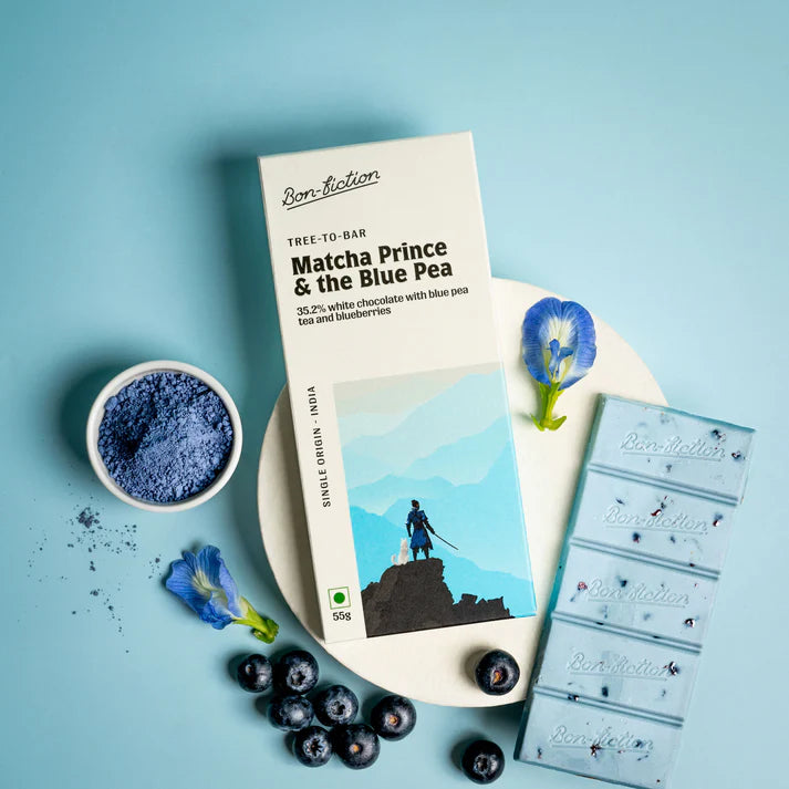 White Chocolate | Matcha Prince And The Blue Pea - 35.2% White Chocolate - Tree To Bar - Single Origin – 100% Natural – Vegan, Gluten Free, Palm Oil Free, Non GMO, No Artificial Flavour & No Added Preservatives – Bon-Fiction – 55gm