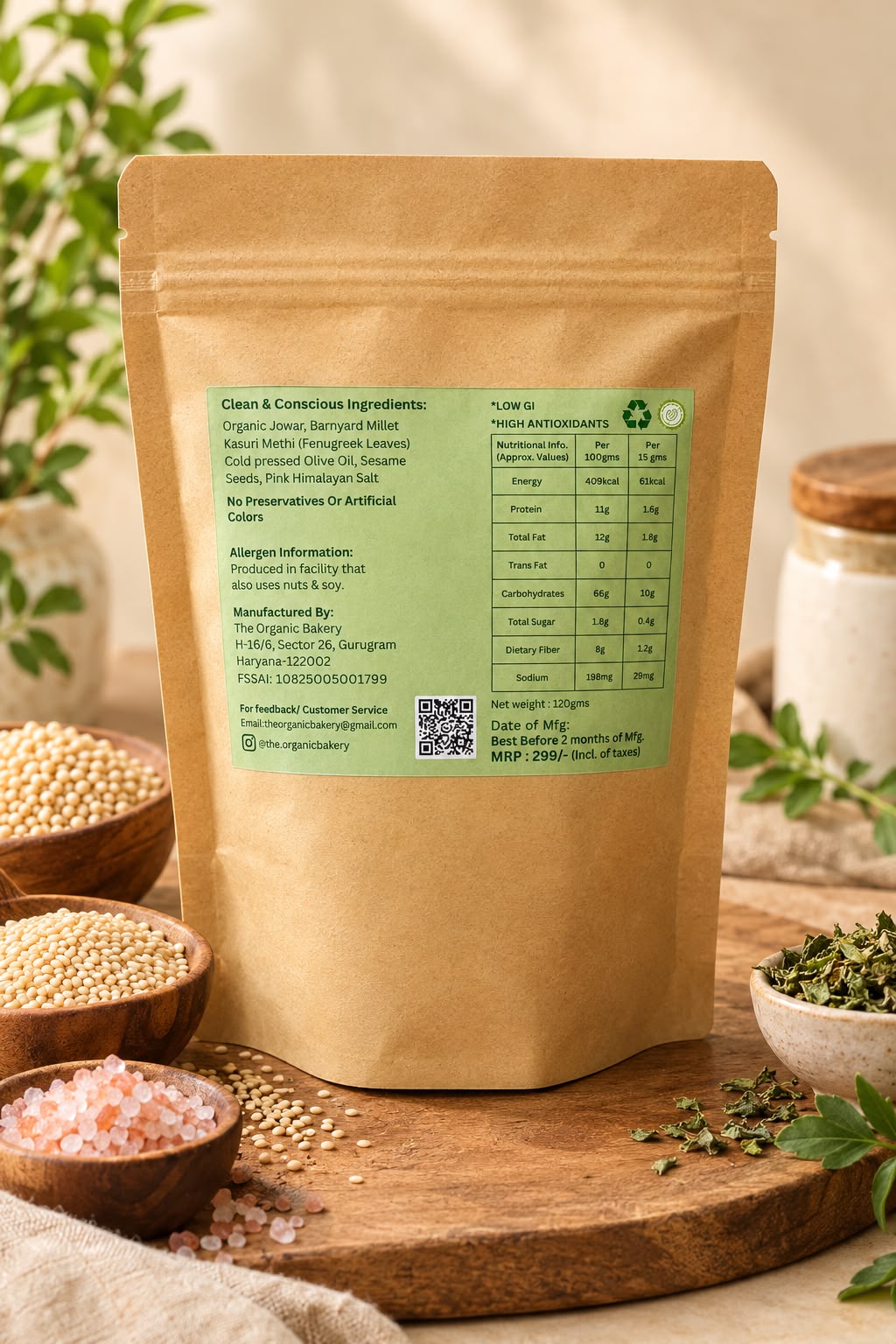 Millet Mathi | High Fibre Baked Millet Mathi - Gluten Free -Lo Gi , High Antioxidants-No preservatives- The Organic Bakery - 120gm