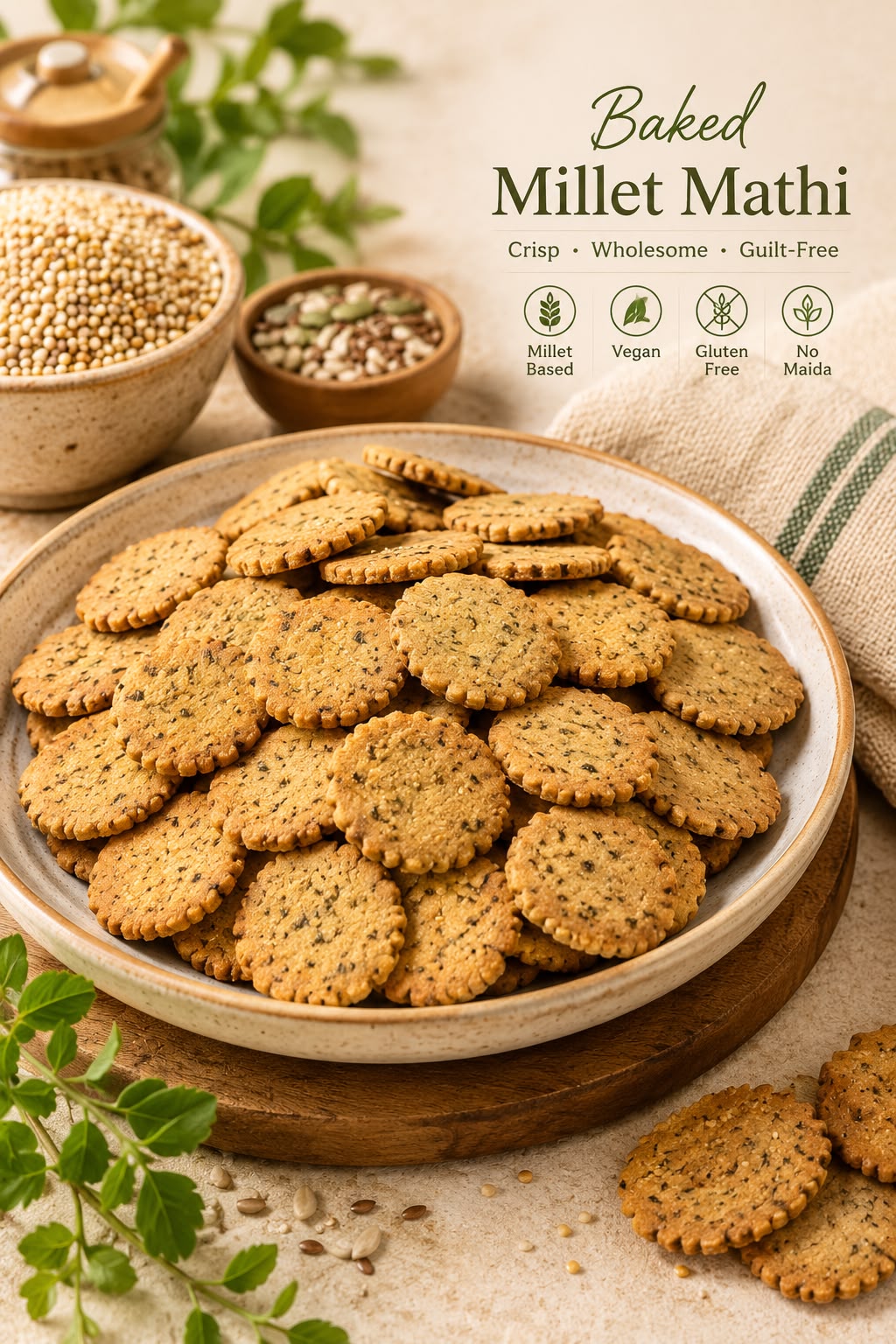 Millet Mathi | High Fibre Baked Millet Mathi - Gluten Free -Lo Gi , High Antioxidants-No preservatives- The Organic Bakery - 120gm