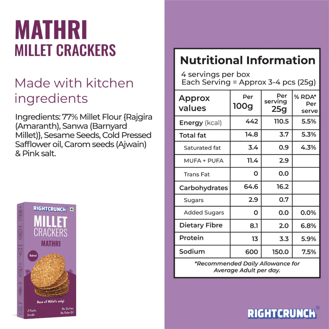 Millet Cracker - Mathri - 100% Millet Based Snack - Baked - Gluten Free - Right Crunch - 100gm
