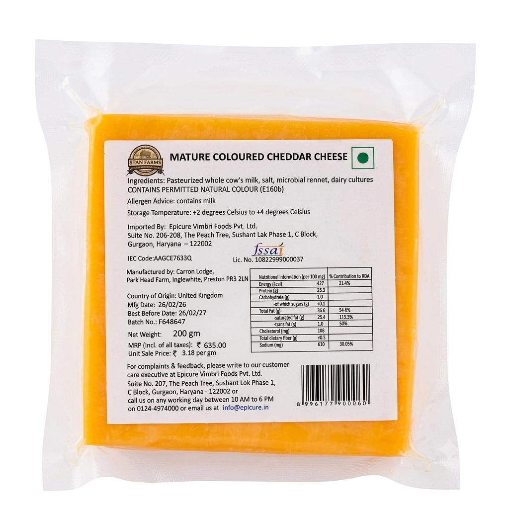 Mature Cheddar Cheese (Mature Coloured Cheddar Cheese) -Pasteurized - Natural Farming Traditions - Stan Farms - 200gm