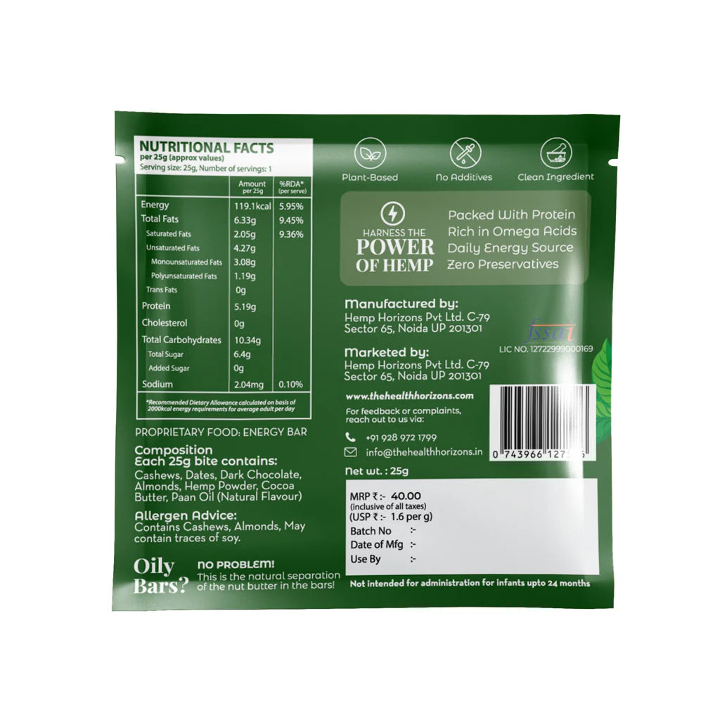 Plant Protein Bite | Hemp - Nuts - Paan - 100% Natural - Vegan, No Added Sugar, Soy Free & No Additives - Health Horizon - 25gm