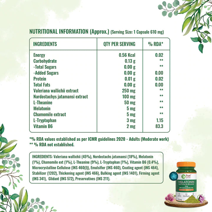 Melatonin (Sustained Release) With Valeriana Wallichii – Melatonin supplement for Men & Women to Support Good Sleep – 5mg – Pure Nutrition – 60 Tablets