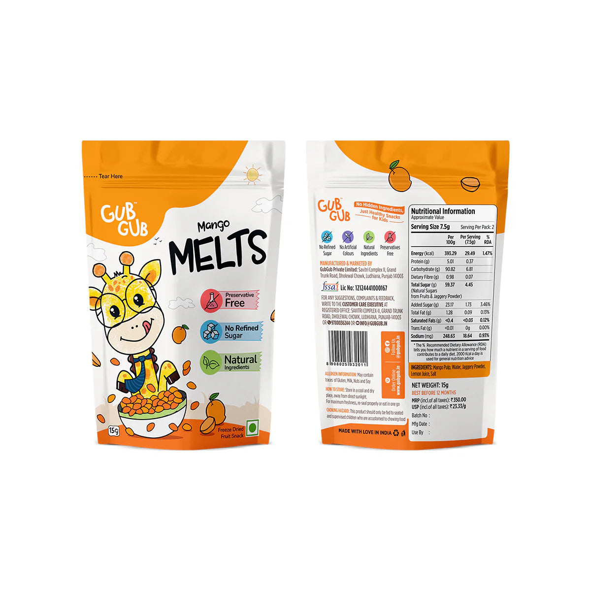 Melts | (Mango Melts) – 12+ Months – Freeze Dried Fruit Snack - All Natural Ingredients – No Added Preservatives & No Refined Sugar – GUB GUB – Pack Of 1