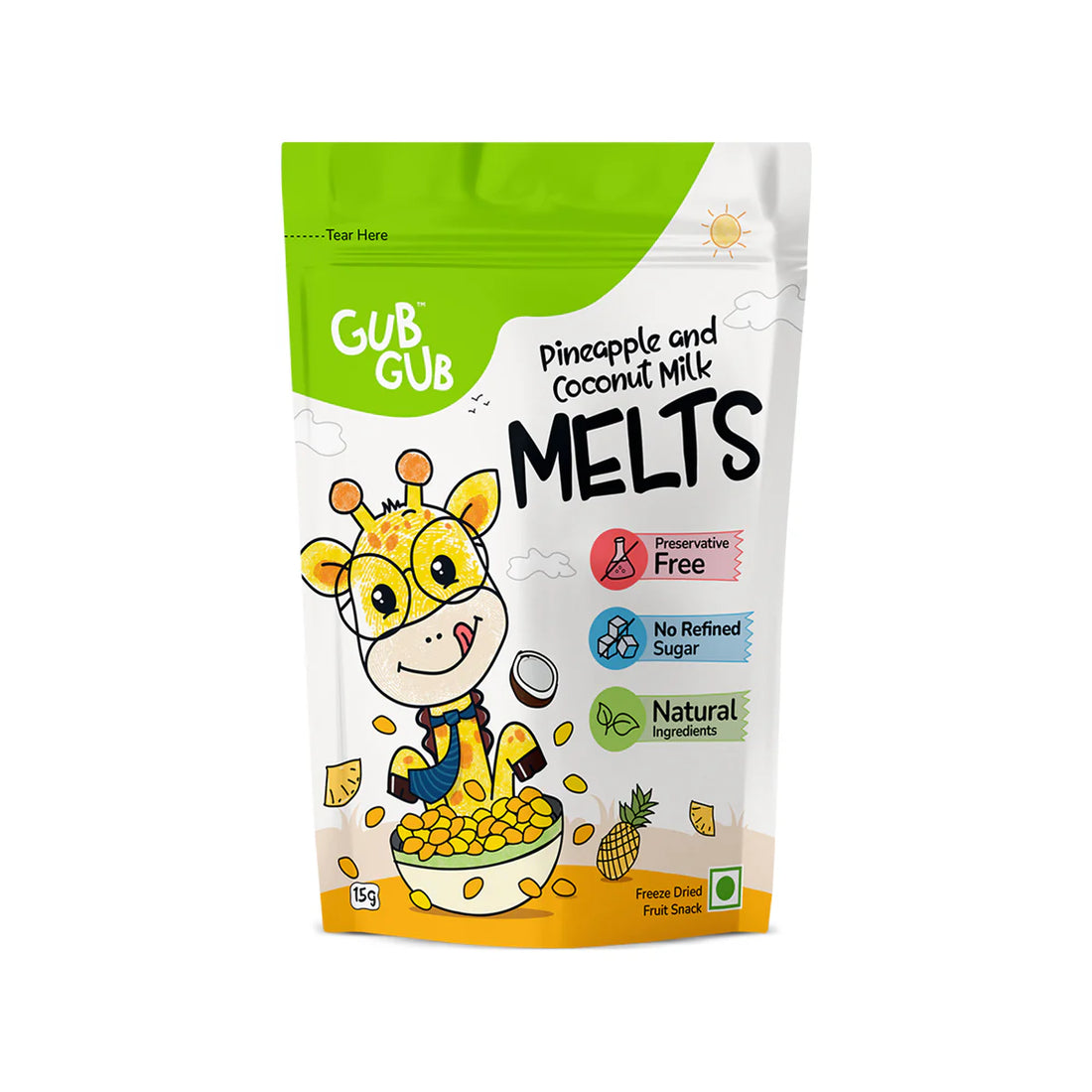 Melts | Pineapple & Coconut Milk Melts - Freeze Dried Fruit Snack - 12+ Months – All Natural Ingredients – No Added Preservatives & No Refined Sugar – GUB GUB – Pack Of 1