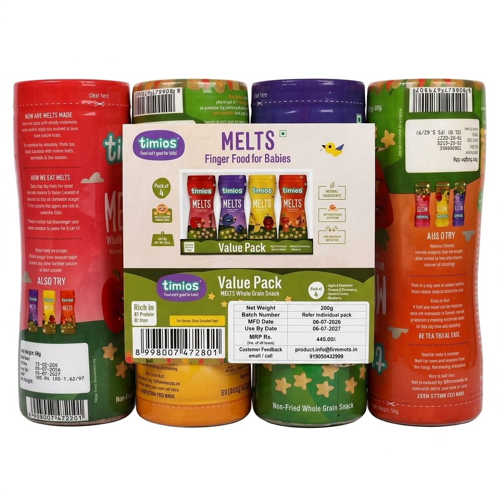 Melts Finger Food | Mix Melts Value Pack (Apple & Cinnamon ,Banana & Strawberry, Carrot & Cumin, Blueberry) - For Babies - Non Fried Whole Grain Snack - High In Protein, Iron, No Added Preservatives, Flavor & No Added Colors – Timios –Pack Of 4 (200gm)