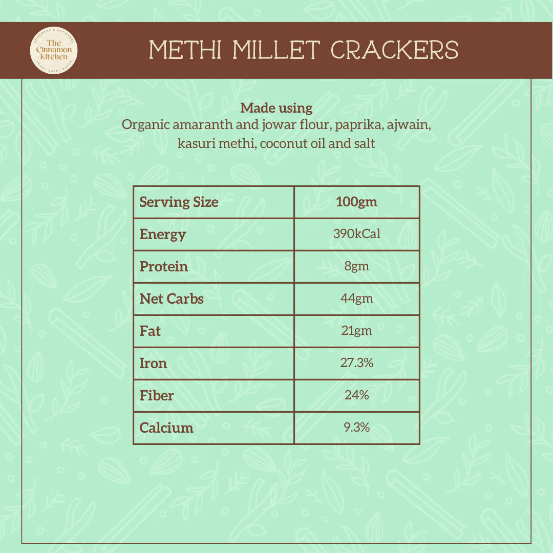 Methi Millet Crackers - Organic - Indian - Vegan, Gluten Free, Higher In Calcium, No Preservative, Refined Sugar Free & Pcos Friendly - The Cinnamon Kitchen - 100gm