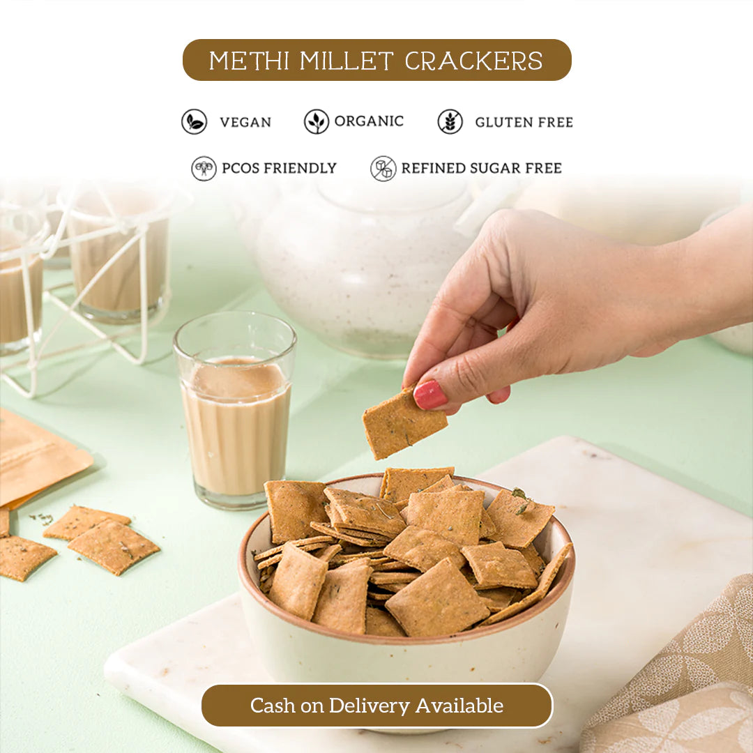 Methi Millet Crackers - Organic - Indian - Vegan, Gluten Free, Higher In Calcium, No Preservative, Refined Sugar Free & Pcos Friendly - The Cinnamon Kitchen - 100gm