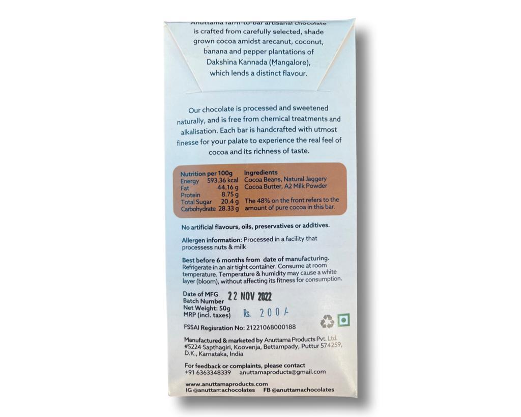 Milk Chocolate | A2 Milk (Sweetened With Khandsari Sugar) - Artisanal – Farm To Bar – Single Origin – No Artificial Flavors, Oils, Preservatives & Additives – Anuttama Artisanal Chocolate – 50gm