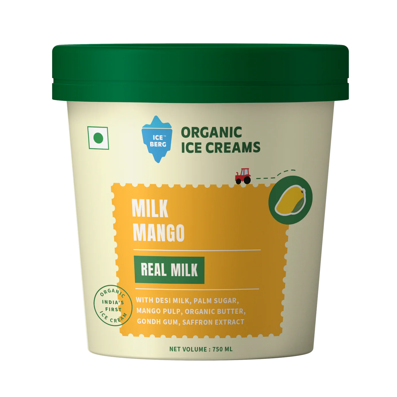 Ice Cream | Milk Mango Ice Cream (Made From Real Milk, Gondh Gum, Organic Butter, Milk Mango ) - Churned with authentic & Real Ingredients - Iceberg Organic Ice Cream - 750ml