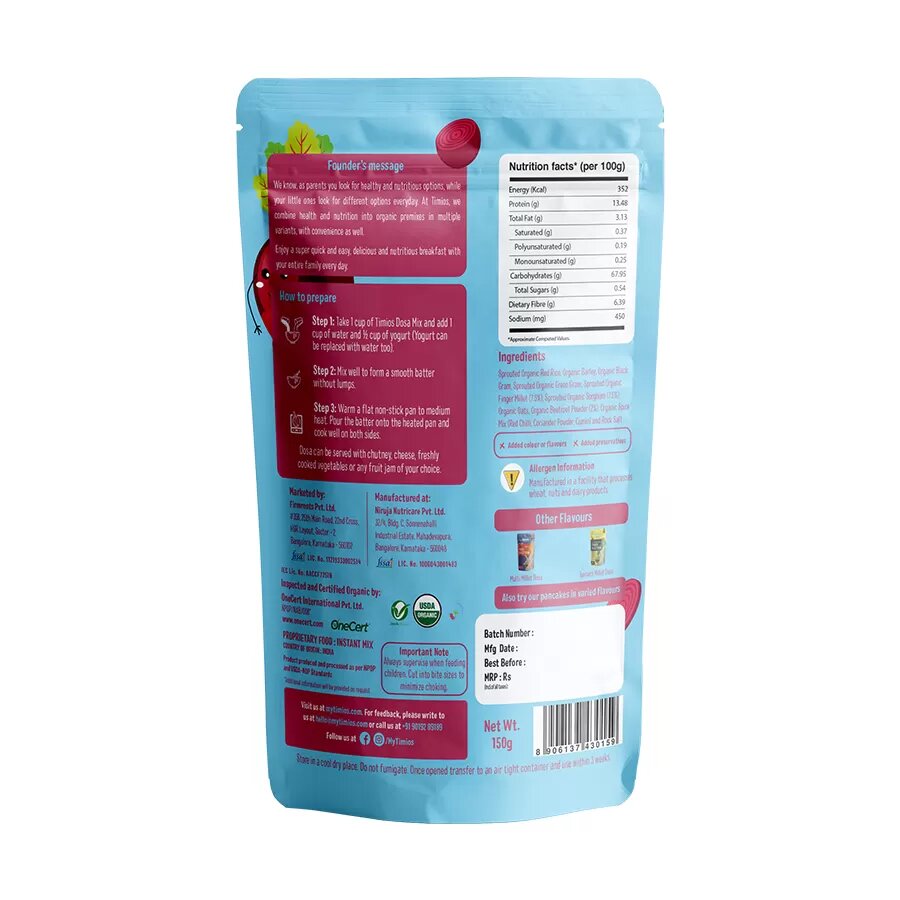 Millet Dosa | Millet Beetroot Dosa Mix – Sprouted Nutrition - USDA Organic - Timios – 150gm