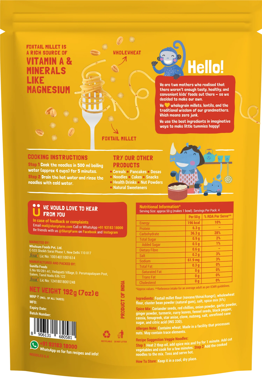 Noodles | Millet Noodles (Classic Masala) - No Refined Sugar, No Maida & Not Fried - Slurrp Farm – 192gm