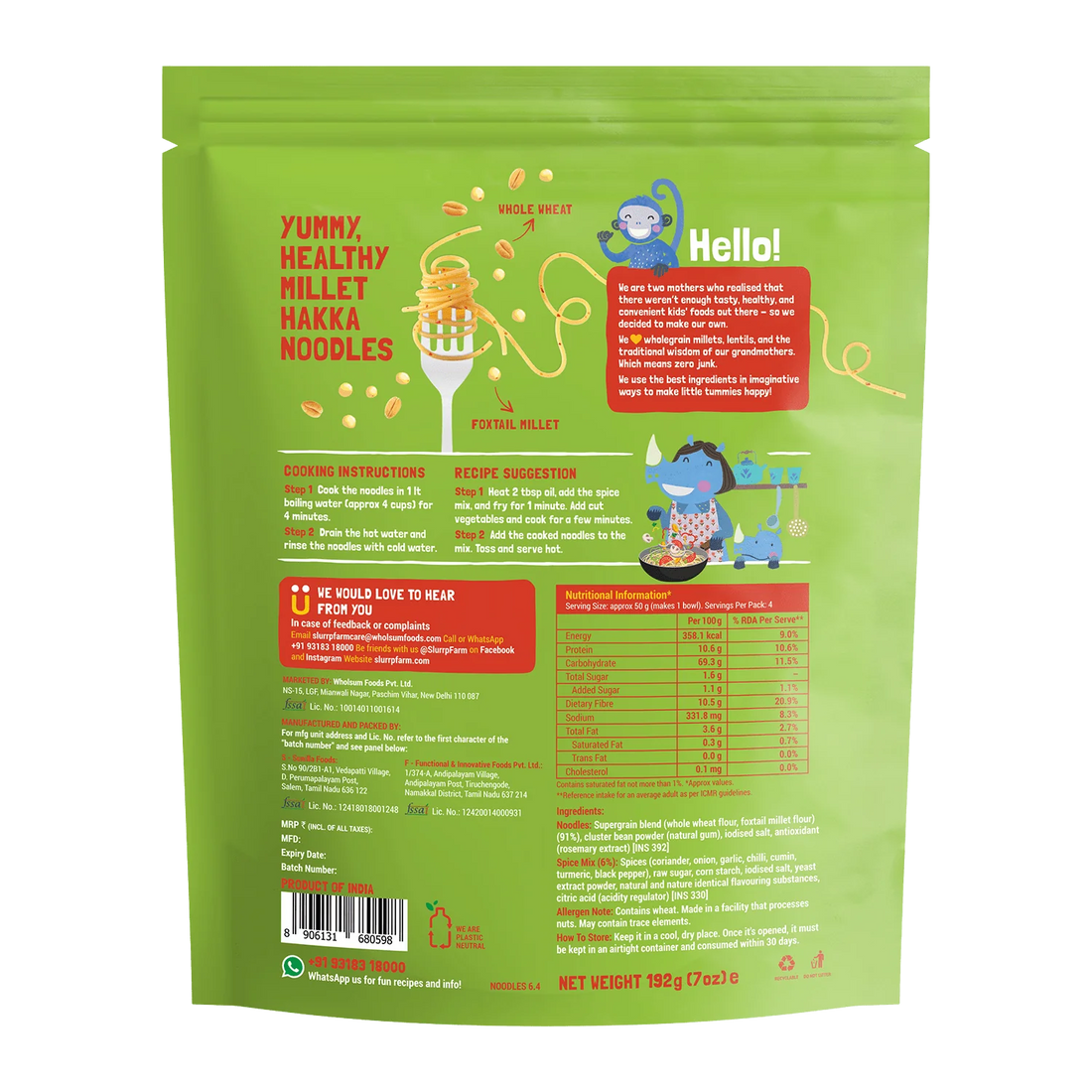 Noodles | Millet Noodles (Mild Masala) - No Refined Sugar, No Maida & Not Fried - Slurrp Farm – 192gm