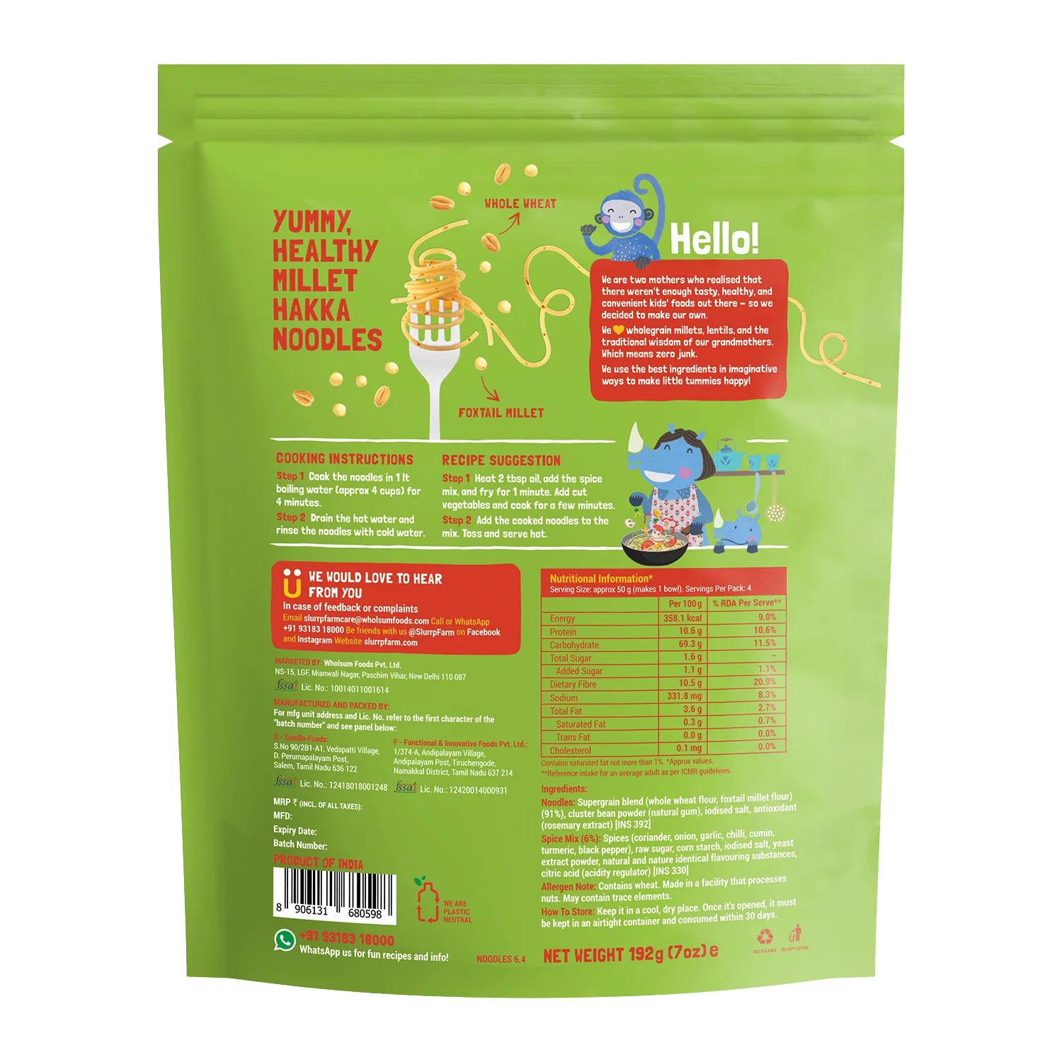 Noodles | Millet Noodles (Mild Masala) - No Refined Sugar, No Maida & Not Fried - Slurrp Farm – 192gm