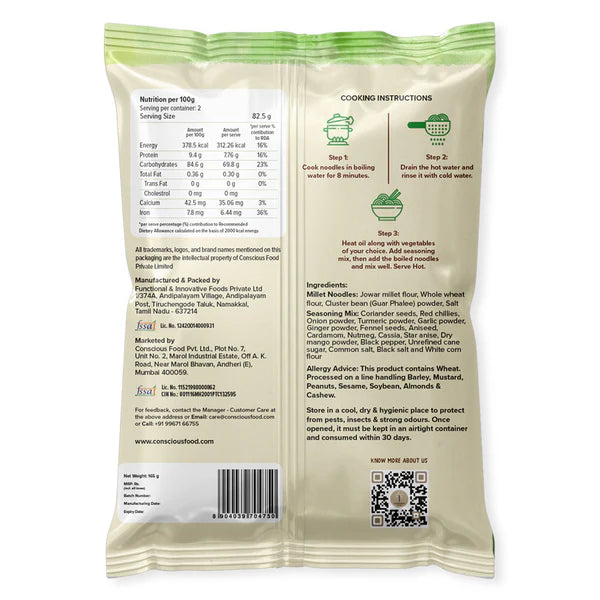 Noodles | Millet Jowar Noodles - Seasoning Inside - No Added Preservatives & No Maida - Conscious Food - 162gm