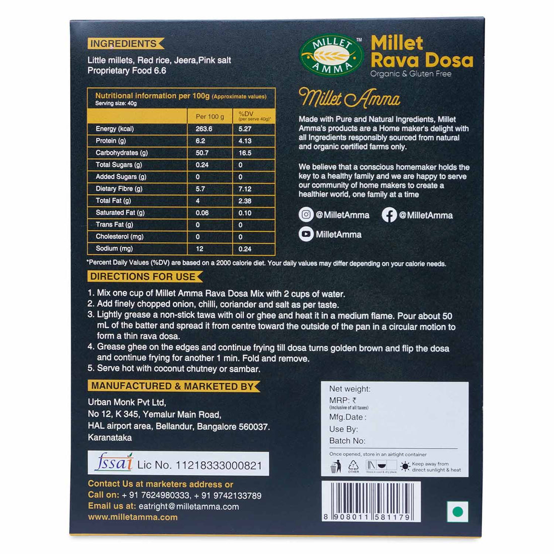 Millet Rava Dosa Mix - Vegan & Gluten Free - Millet Amma - 250gm