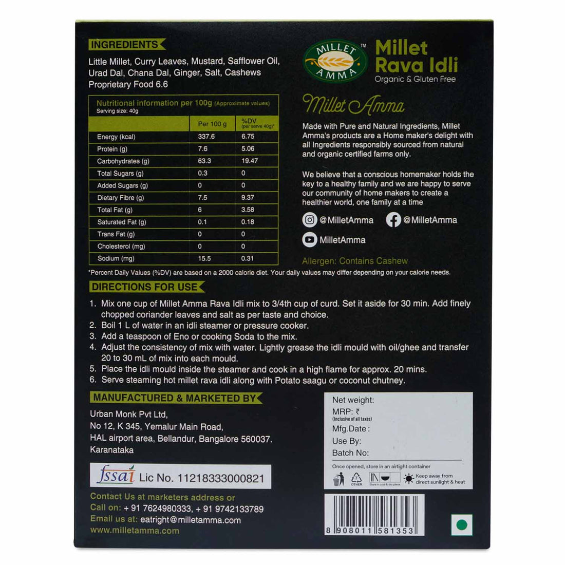 Millet Rava Idli Mix – Vegan & Gluten Free – Millet Amma – 250gm