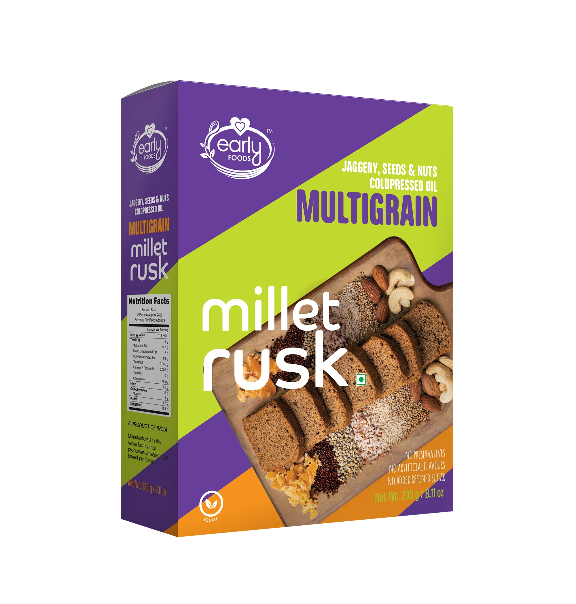 Millet Rusk | Multigrain (Jaggery, Seeds & Nuts) – All Natural – Cold Pressed Oil – Vegan, No Preservatives, No Added Refined Sugar & Salt – Early Food – 163gm