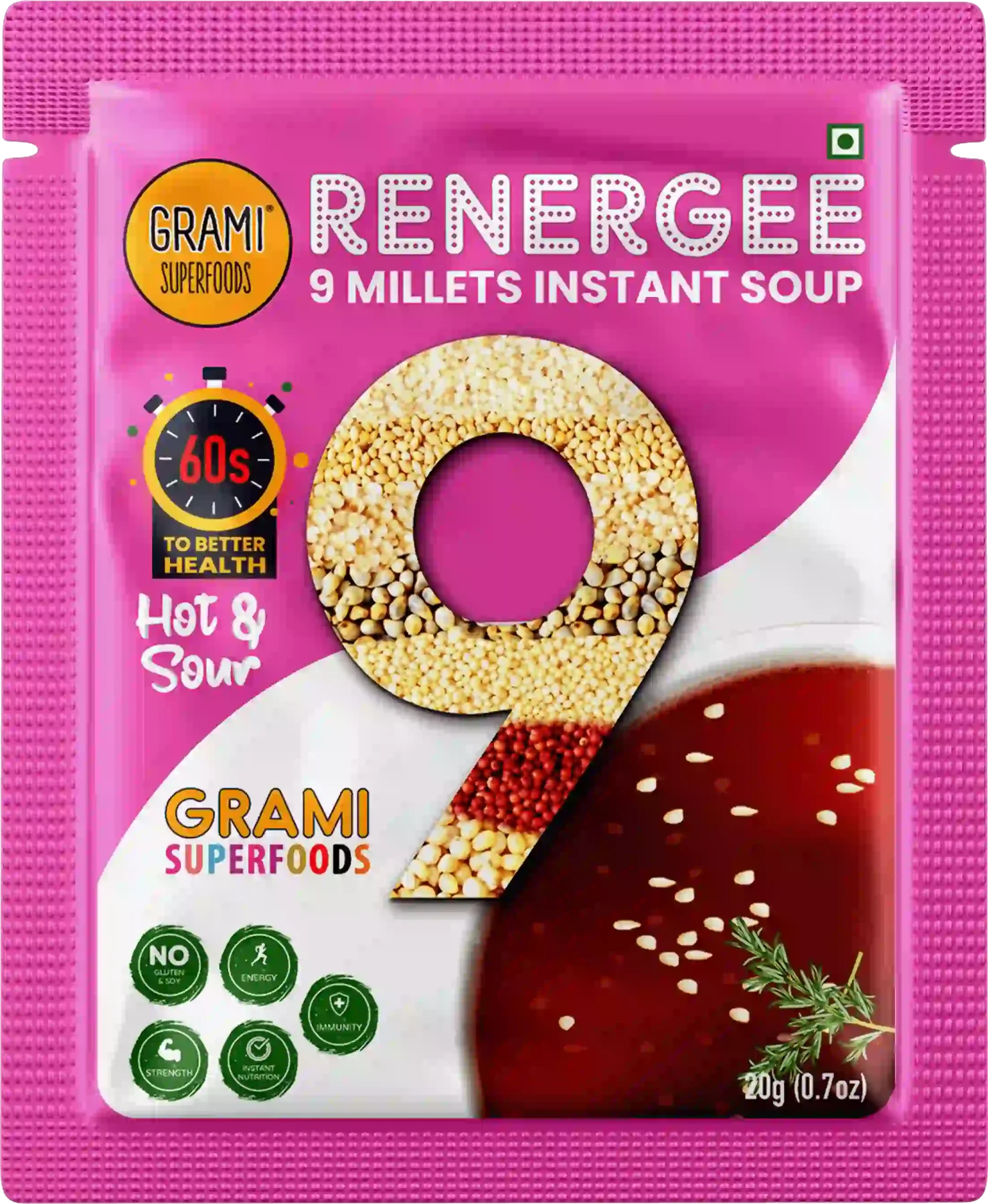 Millet Soup | Hot & Sour - Renegee (Instant) - 9 Millets - Gluten Free, Soy Free & No Harmful Preservatives - Grami Superfoods - (12 Pack) - 240gm