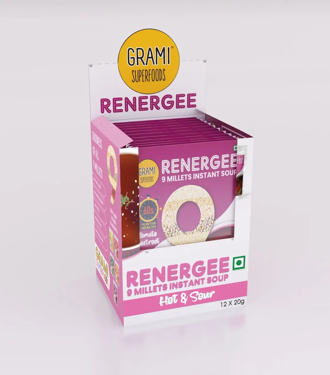 Millet Soup | Hot & Sour - Renegee (Instant) - 9 Millets - Gluten Free, Soy Free & No Harmful Preservatives - Grami Superfoods - (12 Pack) - 240gm