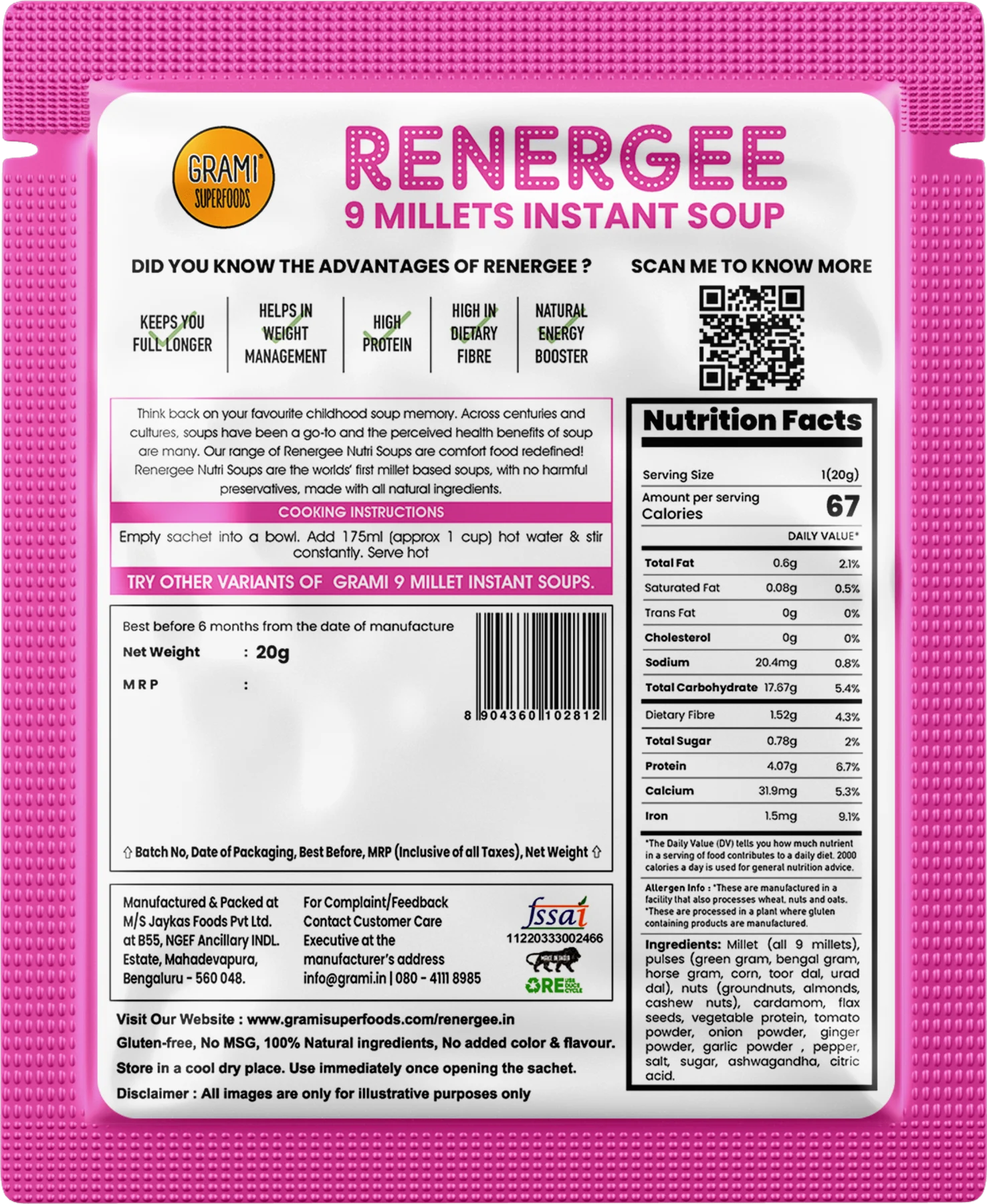 Millet Soup | Hot & Sour - Renegee (Instant) - 9 Millets - Gluten Free, Soy Free & No Harmful Preservatives - Grami Superfoods - (12 Pack) - 240gm