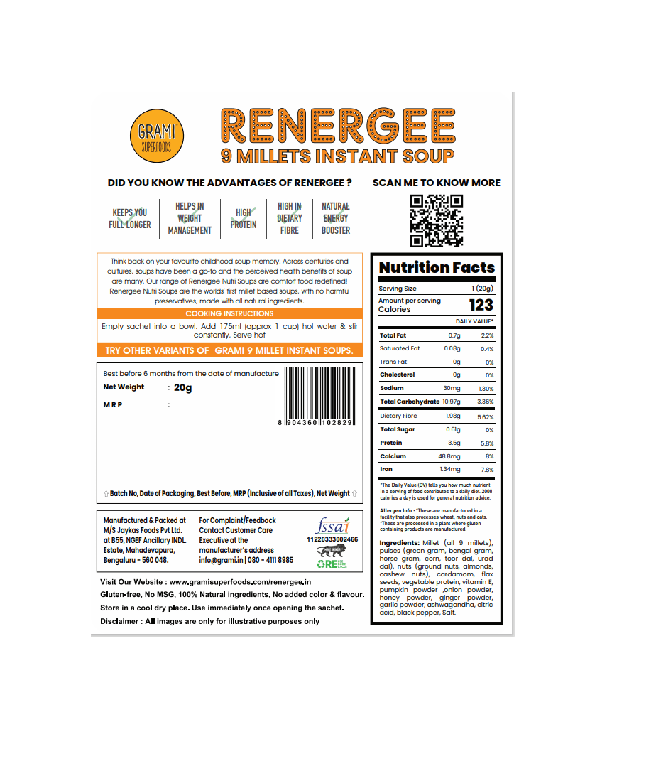 Millet Soup | Renegee Instant (Pumpkin) – 9 Millets – Gluten Free, Soy Free & No Harmful Preservatives – Grami Superfoods – (12 Pack) – 240gm