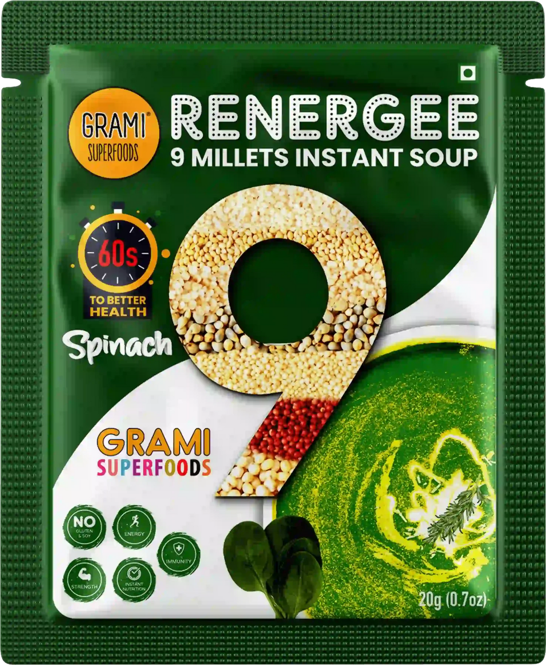 Millet Spinach Soup | Renegee (Instant) - 9 Millets - Gluten Free, Soy Free & No Harmful Preservatives - Grami Superfoods - (12 Pack) - 240gm