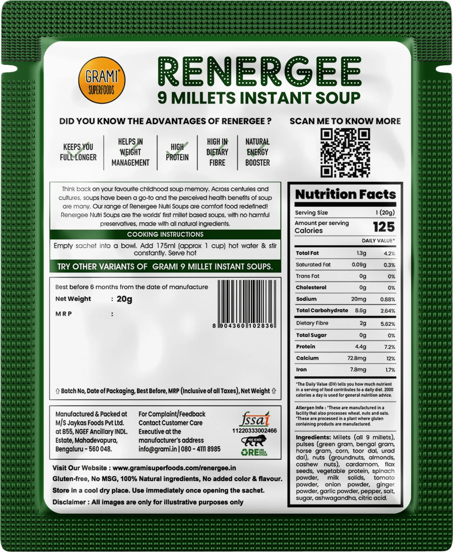 Millet Spinach Soup | Renegee (Instant) - 9 Millets - Gluten Free, Soy Free & No Harmful Preservatives - Grami Superfoods - (12 Pack) - 240gm