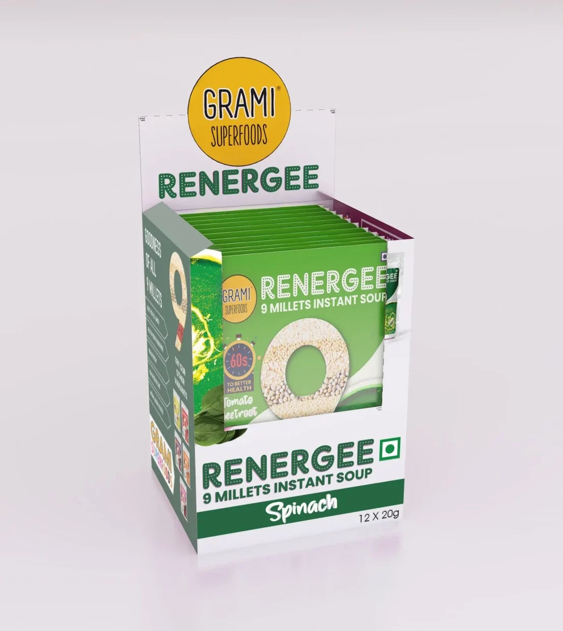 Millet Spinach Soup | Renegee (Instant) - 9 Millets - Gluten Free, Soy Free & No Harmful Preservatives - Grami Superfoods - (12 Pack) - 240gm