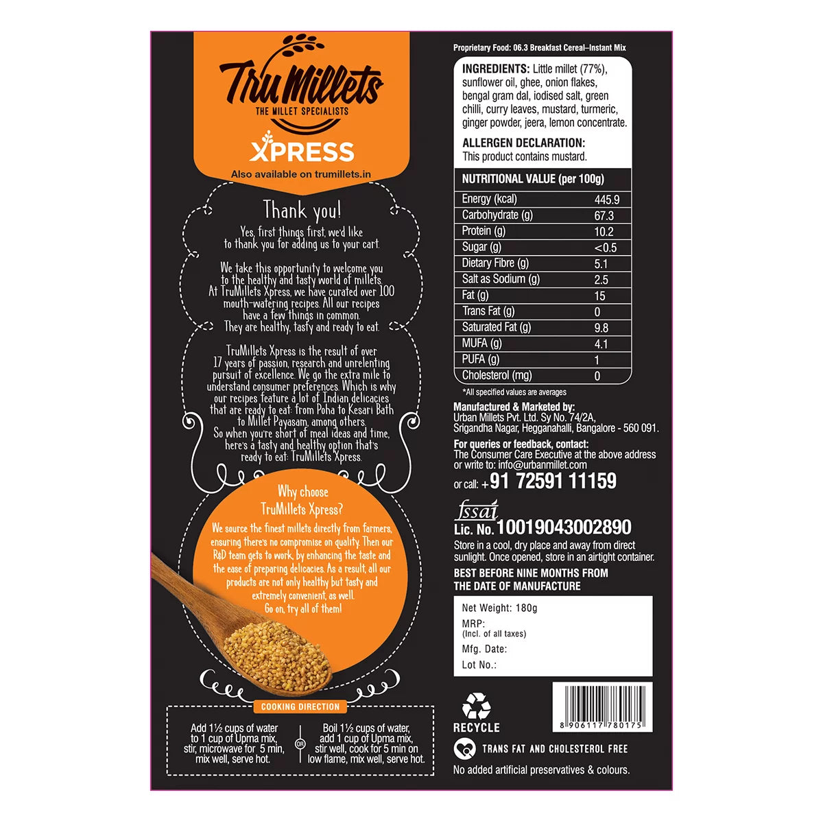 Millet Upma - 77% Millet - Natural - Indian - Gluten Free, Rich Source Of Protein, Calcium, Dietary Fibre, Trans Fat Free & Cholesterol Free - TruMillets - 180gm