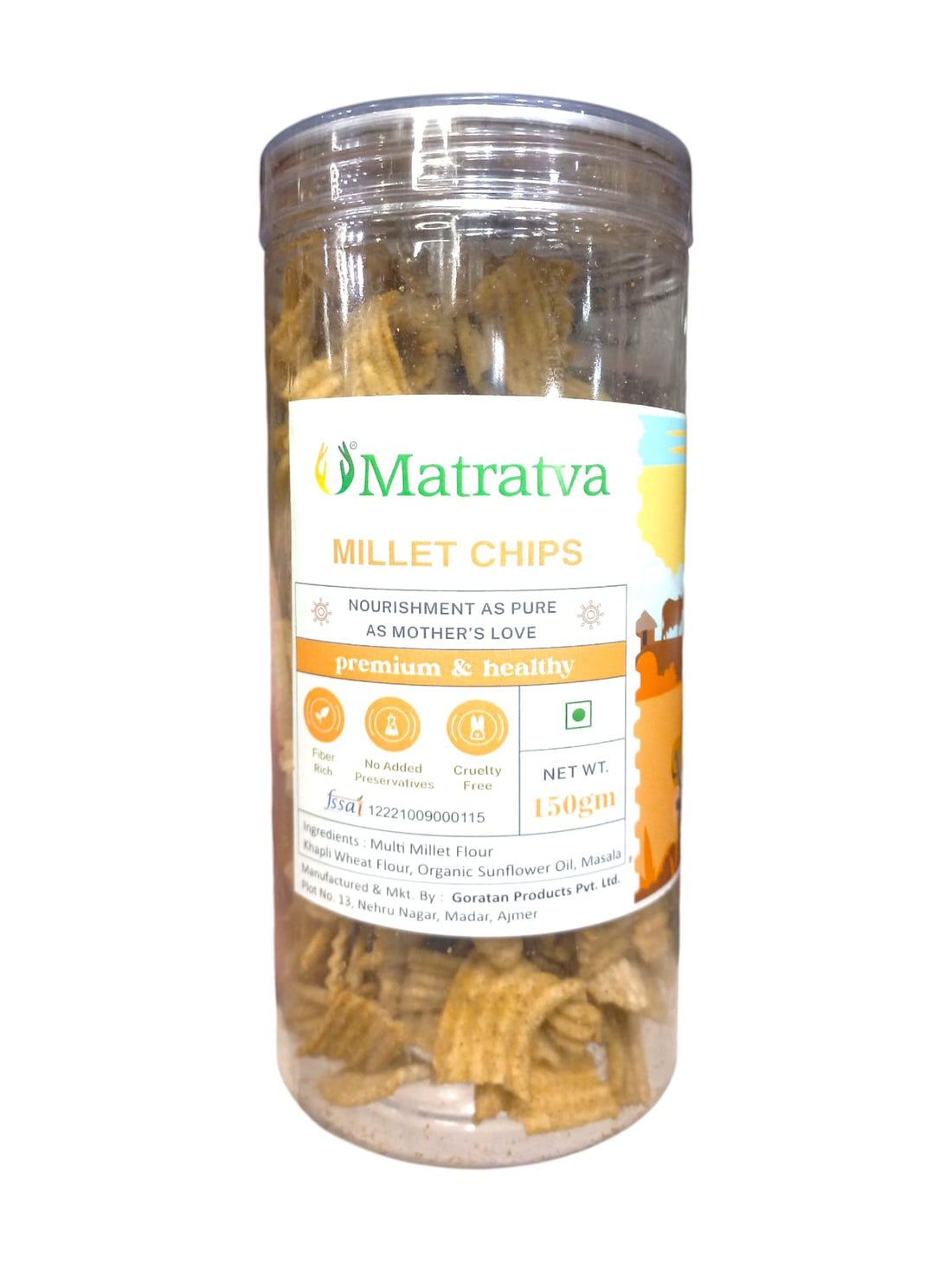 Millet Chips | Made With Organic Ingredients - Healthy - Not Fried - Gluten Free, Cruelty Free, High In Fibre & No Added Preservatives - Matratva - 150gm