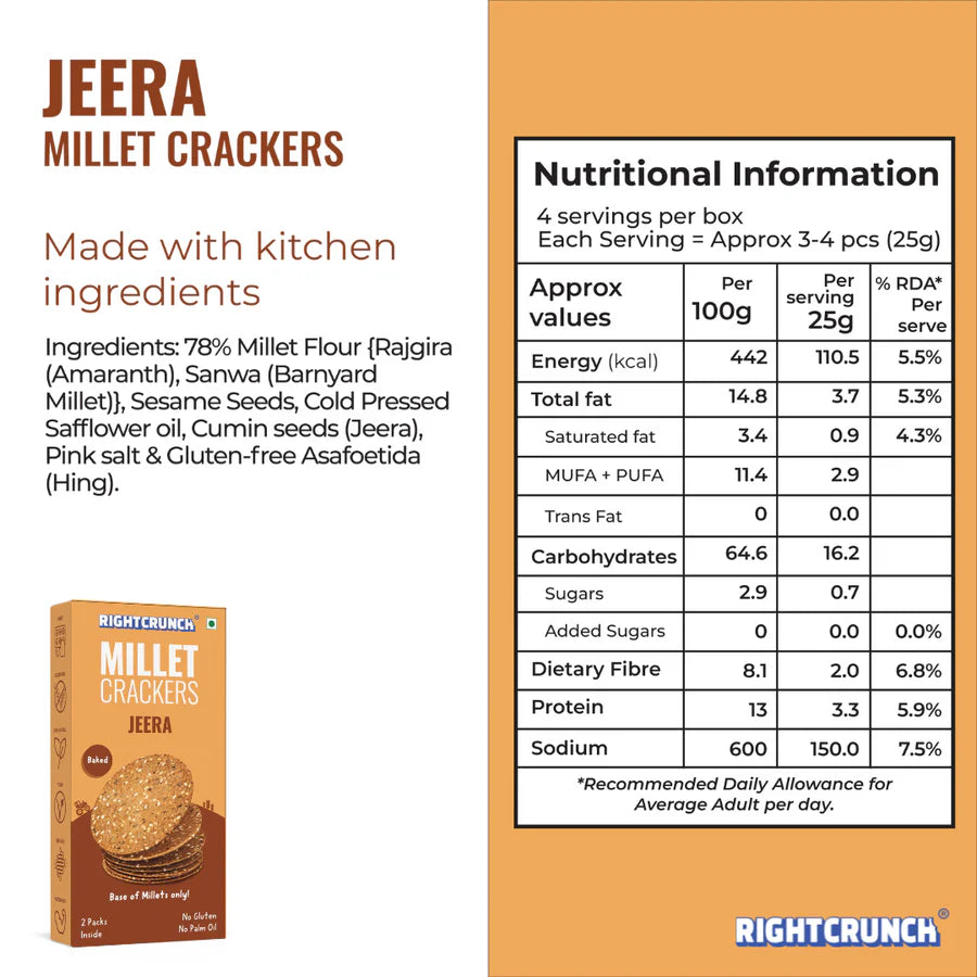 Millet Cracker – Jeera – 100% Millet Based Snack – Baked – Gluten Free – Right Crunch – 100gm