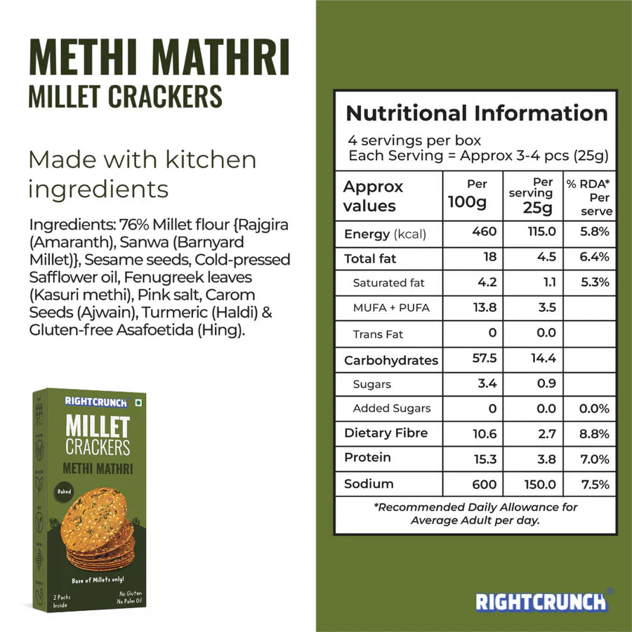 Millet Cracker - Methi Mathri – 100% Millet Based Snack – Baked – Gluten Free – Right Crunch – 100gm