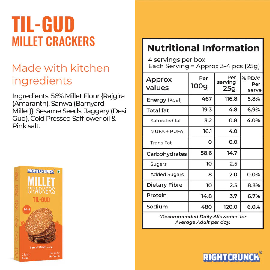 Millet Cracker - Til Gud - 100% Millet Based Snack - Baked - Gluten Free - Right Crunch - 100gm