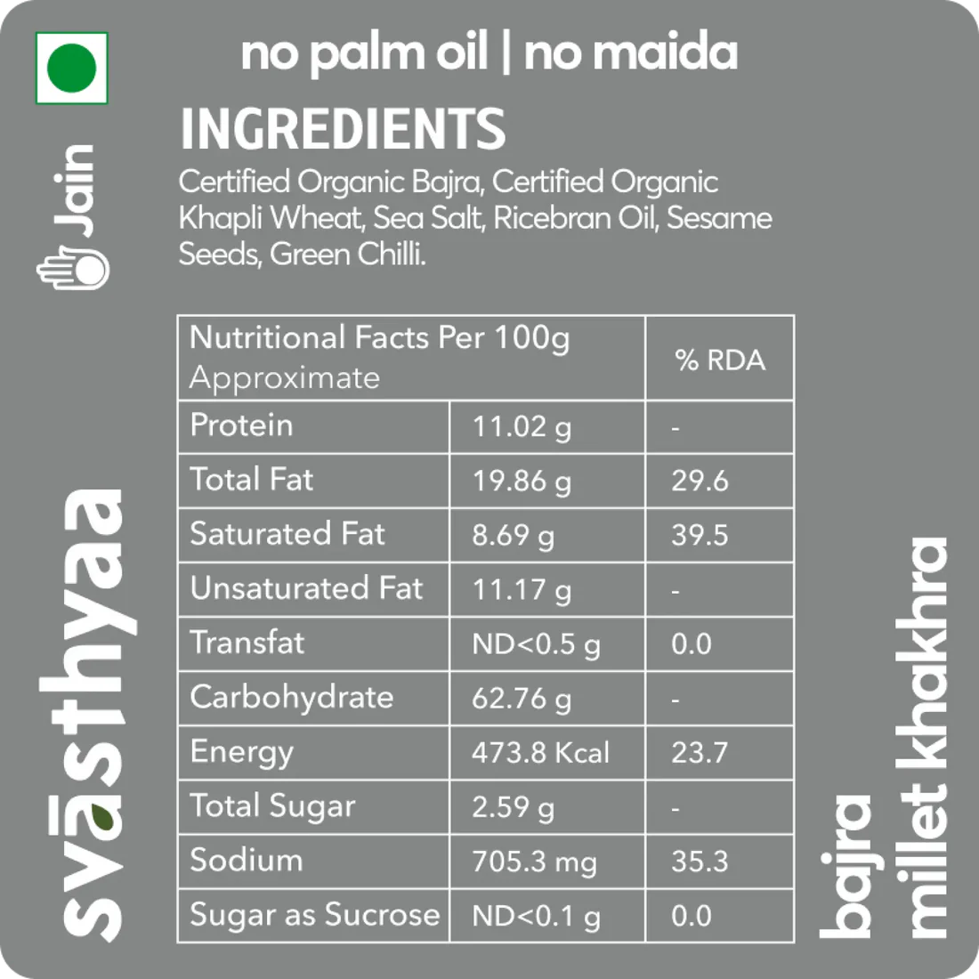 Millet Khakhra | Bajra Pearl Millet - Roasted - Vegan, Gluten Free, Preservatives Free, No Added Sugar, High In Fibre, Low Gi & No Maida - Svasthyaa - 200gm