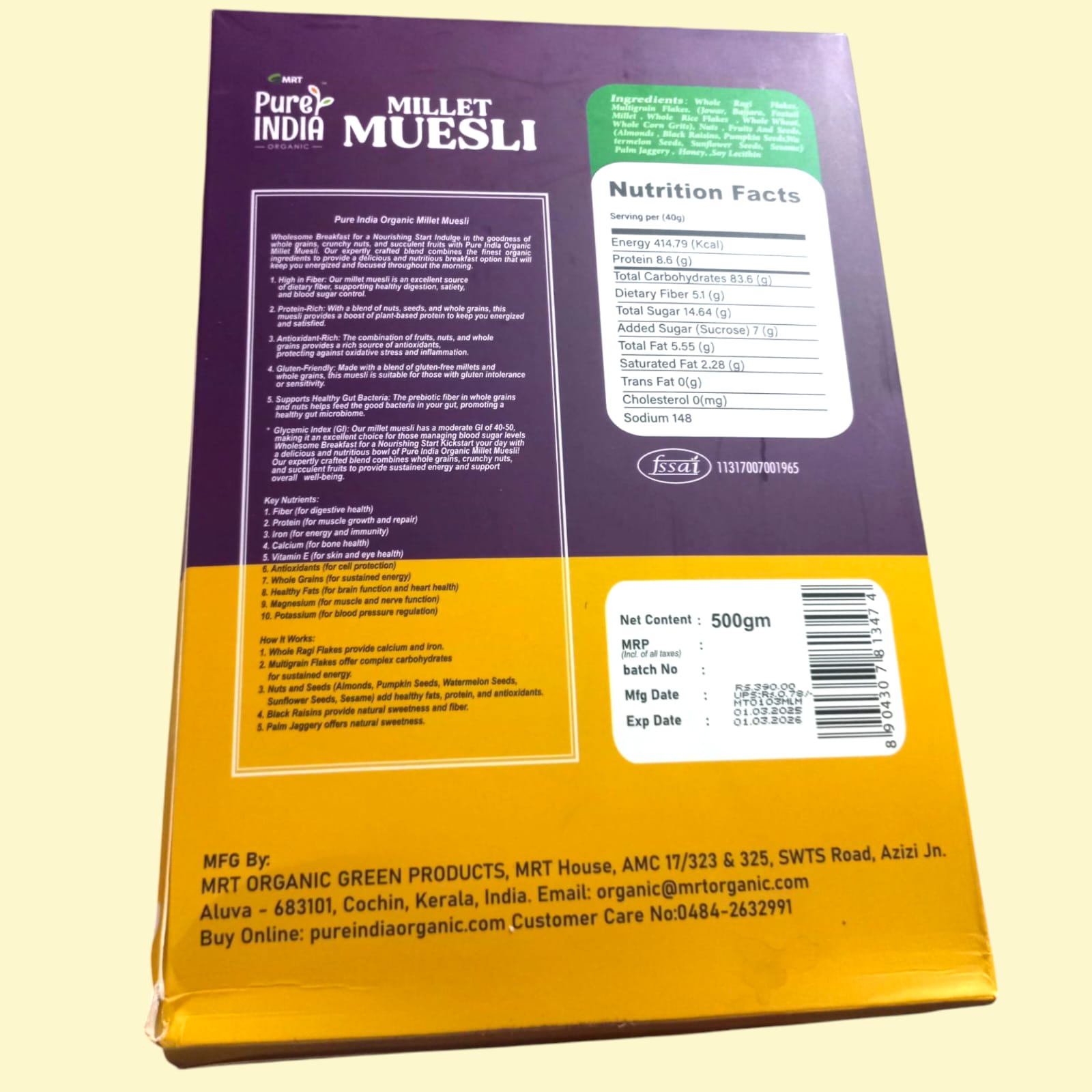 Muesli | Millet Muesli – Supports Bone Health – Gluten Free, High In Antioxidant And Whole Grain & No Added Preservatives – Mrt Organic – 500gm