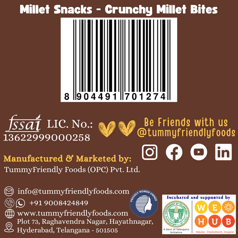 Millet Snacks | Crunchy Millet Bites – No Preservatives, No Chemicals, No Added Sugar, No Palm Oil – Tummy Friendly – 70gm