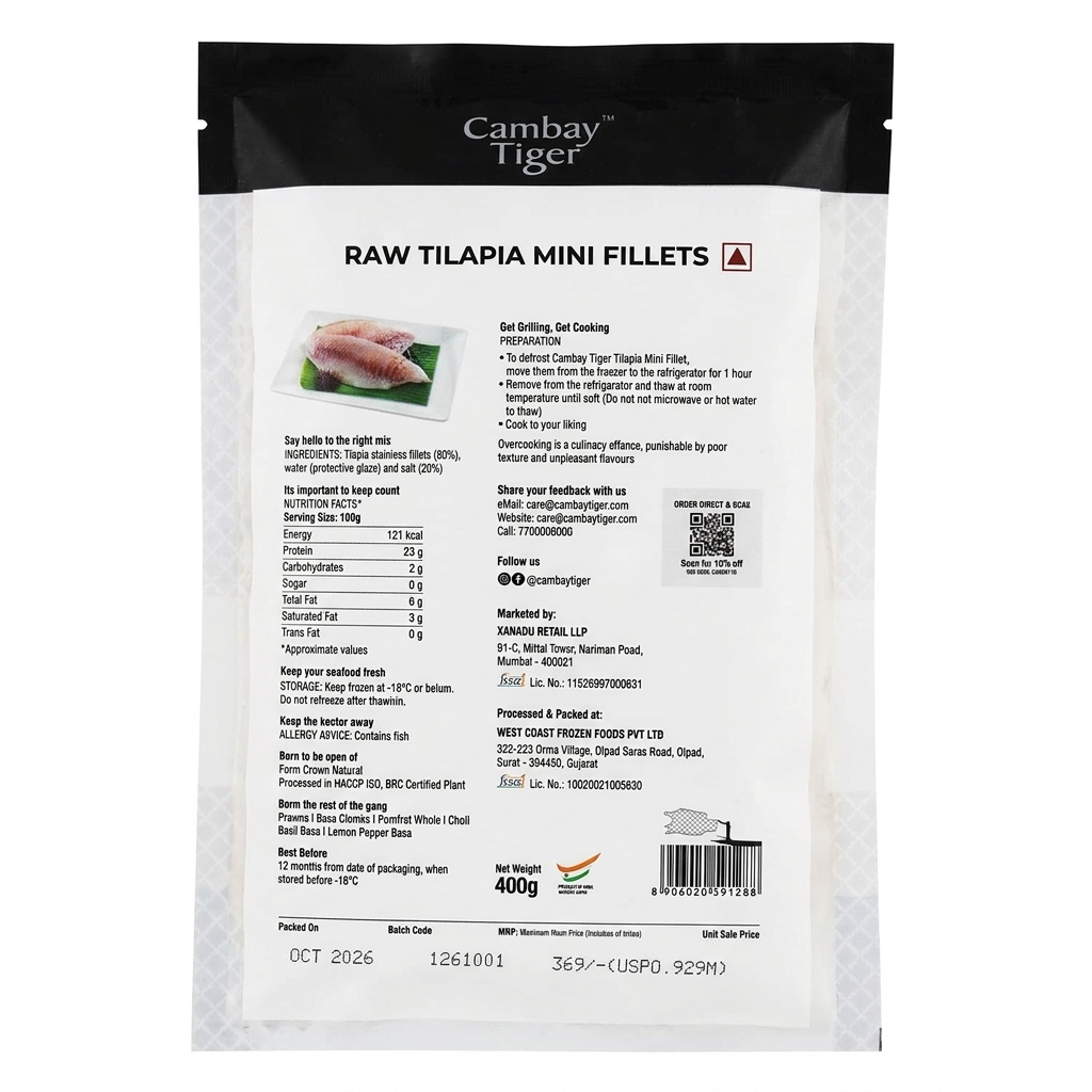 Fish | Raw Tilapia Mini Fillets - Antibiotics And Hormone Free - Cambay Tiger - 400gm