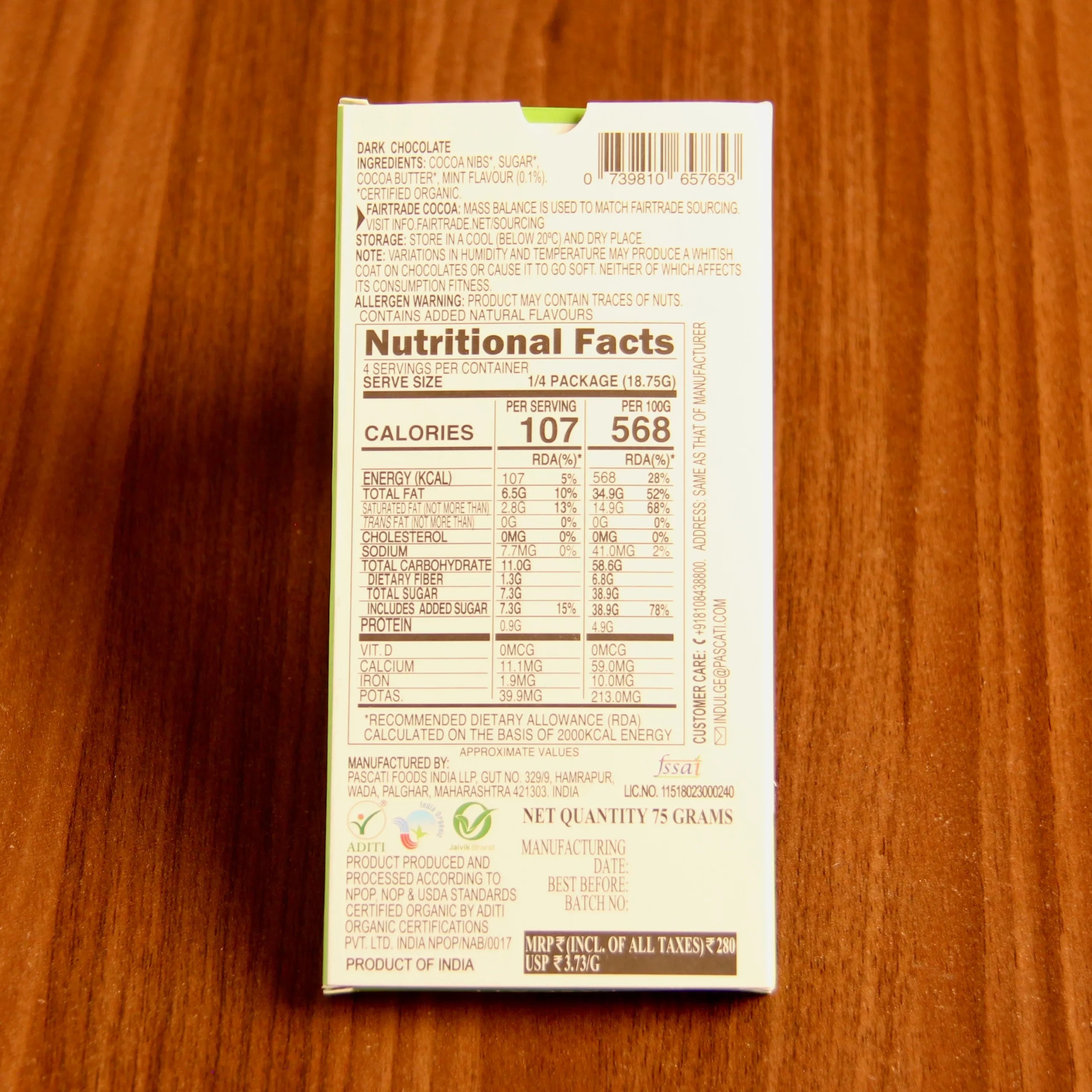 Mint Dark Chocolate - USDA Organic - Vegan & Gluten Free - Pascati - 75gm