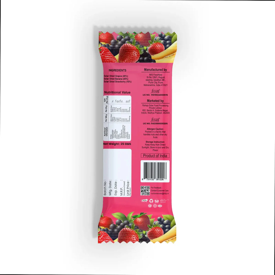 Bar | Strawberry (Mix Fruit Bar )- Solar-Dried Fruits -Gluten-Free, 100% Real Ingredients - No Added Sugar, & No Added Preservatives - Bare Fruit -150gm (pack of 6)