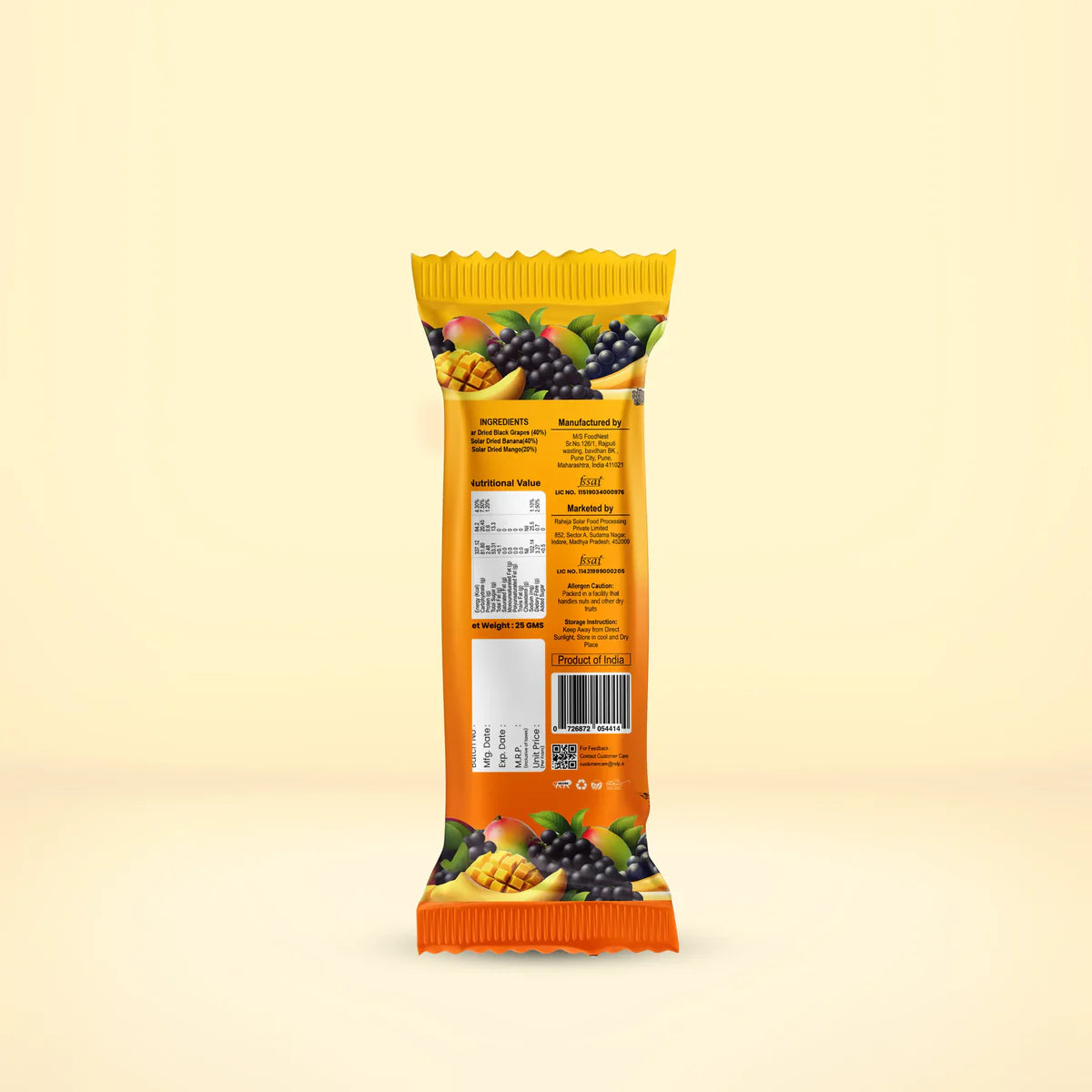 Bar | Mango (Mix Fruit Bar )- Solar-Dried Fruits -Gluten-Free, 100% Real Ingredients - No Added Sugar, & No Added Preservatives - Bare Fruit -150gm (pack of 6)