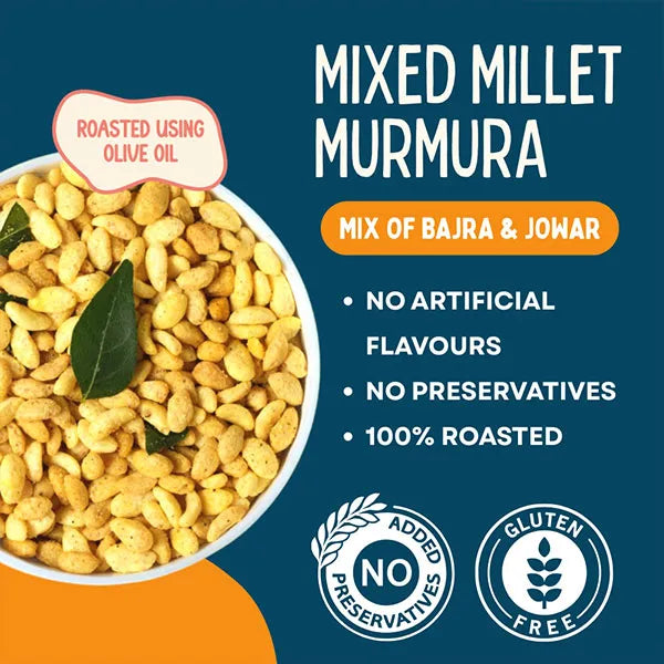Murmura | Mixed Millet Murmura - Mix Bajara & Jow ( Sorghum & Pearl Millet) - Roasted Using Olive Oil – Gluten Free- No Added Preservatives ,No Palm Oil, Refined Sugar –Little Fingers– 100gm