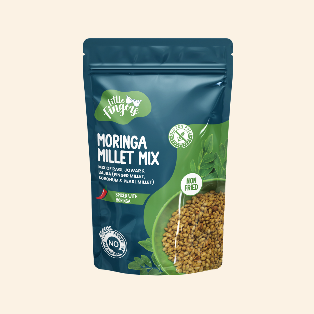 Murmura | Moringa Millet Mix (Spiced With Moringa)- Roasted Using Olive Oil – Gluten Free- No Added Preservatives ,No Palm Oil, Refined Sugar –Little Fingers– 100gm