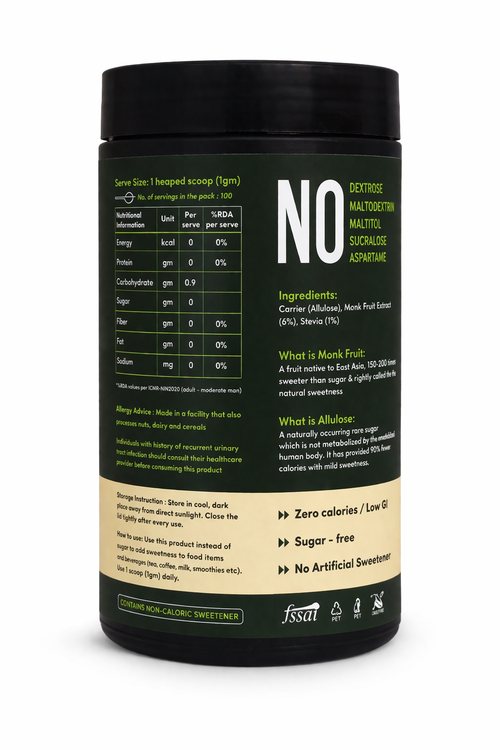 Monk Fruit Sweetener with Allulose & Stevia - Sugar Free -Zero Calorie, Sugar Free - No Added Preservatives, No Artificial sweeteners -Zeeero - 100gm